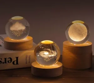 3D Galaxy Solar System Crystal Ball Night Light With Wooden Base – Moon Lamp  – Satellite Lamp